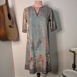 Border Printed Polyester Shift Dress S Half Sleeves Floral